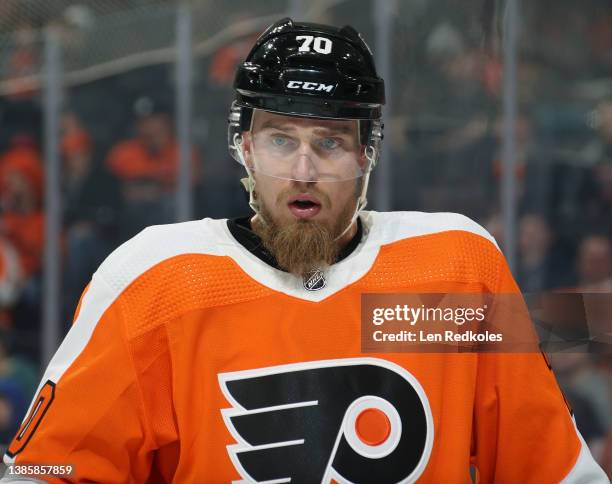 Rasmus Ristolainen of the Philadelphia Flyers looks on against the Montreal Canadiens at the Wells Fargo Center on March 13, 2022 in Philadelphia,...