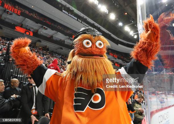 Gritty the mascot of the Philadelphia Flyers entertains the crowd during and NHL game against the Montreal Canadiens at the Wells Fargo Center on...