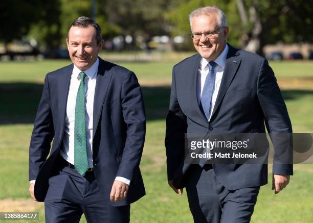 Premier Mark McGowan and Prime Minister Scott Morrison are seen together on March 17, 2022 in Perth, Australia. WA Premier Mark McGowan and Prime...