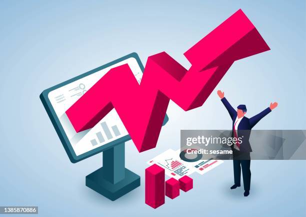 businessman cheering red arrow grows out from inside computer screen, project success and profit growth, successful business growth. - return on investment stock illustrations