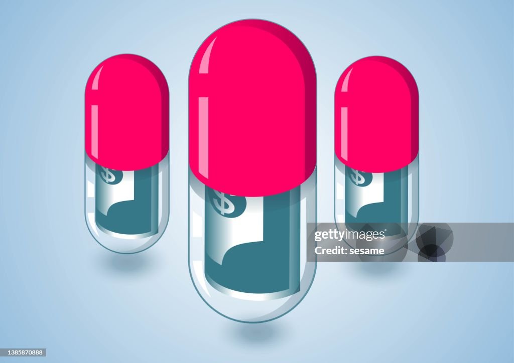 Capsules with banknotes, medical insurance, medical costs, capsules with rolled banknotes