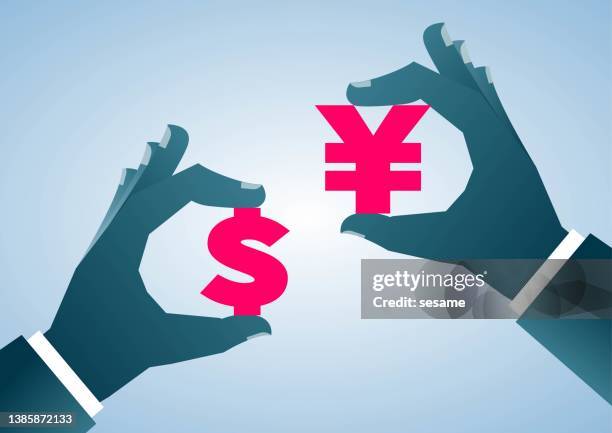 bildbanksillustrationer, clip art samt tecknat material och ikoner med one hand holds dollar currency symbol and the other hand holds chinese currency symbol, business concept illustration - japanese currency