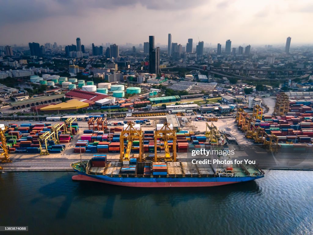 Aerial view/Ports and Sea Freight During the COVID-19 Pandemic and War global economic slowdown