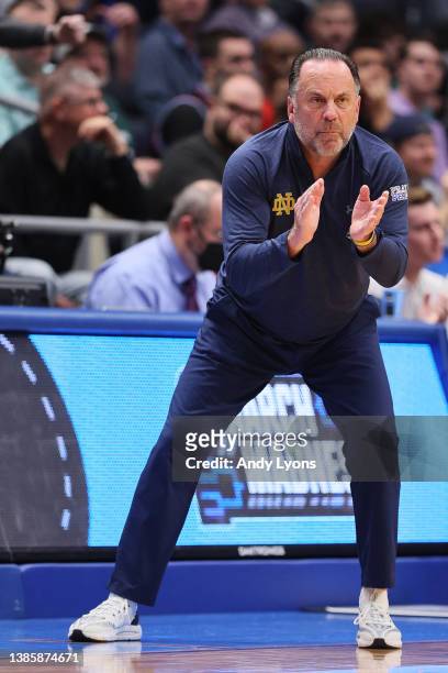 Head coach Mike Brey of the Notre Dame Fighting Irish reacts on the sidelines in the second half of the game against the Rutgers Scarlet Knights...