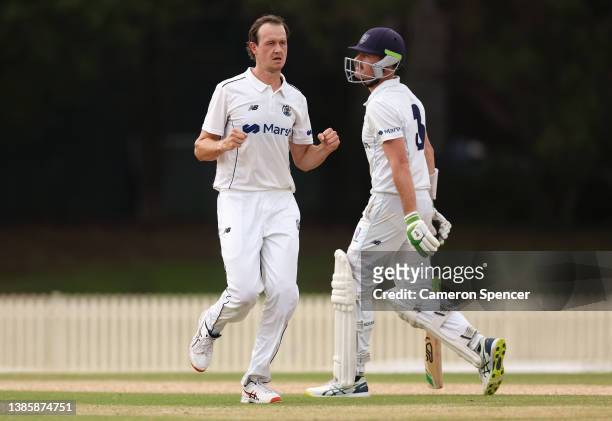 Joel Paris of Western Australia celebrates dismissing Daniel Hughes of New South Wales during day three of the Sheffield Shield match between New...