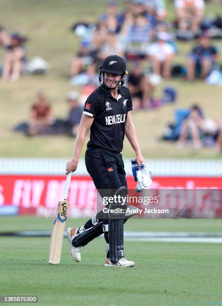 Maddy Green of New Zealand is runout during the 2022 ICC Women's Cricket World Cup match between New Zealand and South Africa at Seddon Park on March...