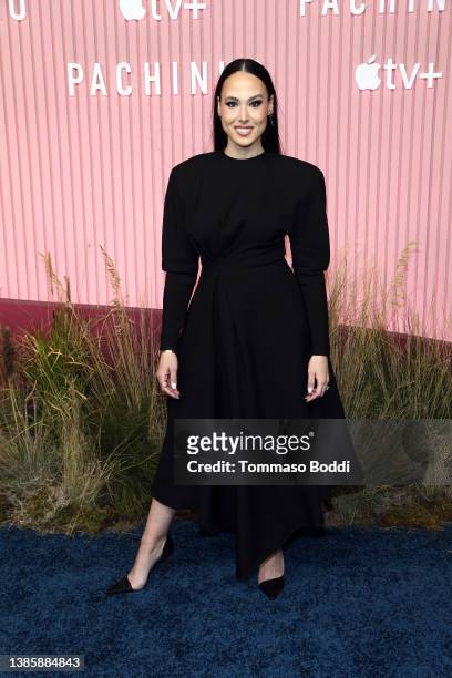 Meena Harris attends the red carpet event for the global premiere of Apple's "Pachinko" at Academy Museum of Motion Pictures on March 16, 2022 in Los...