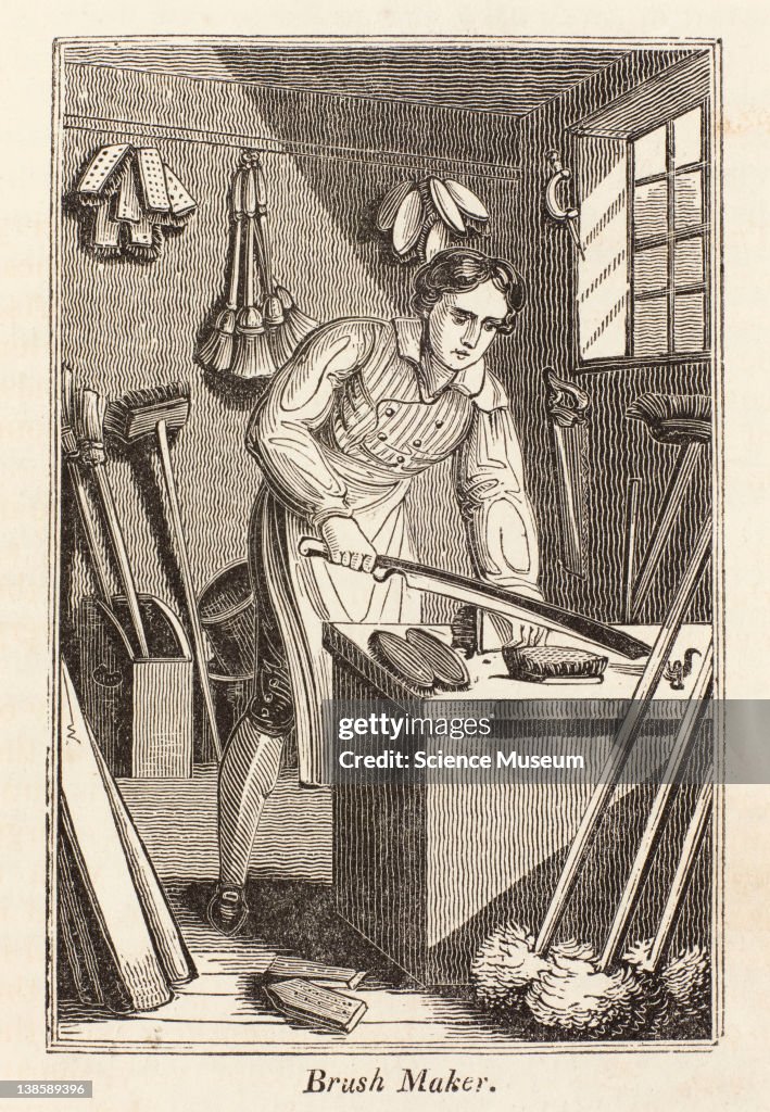 Illustration. 'Brush Maker' from The Book of English Trades and Library of the Useful Arts, printed for Sir Richard Phillips and Co., London, 1824.