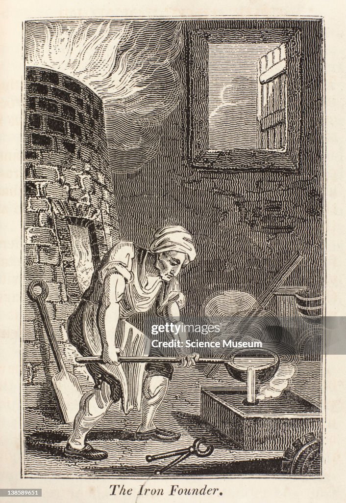 Illustration. 'The Iron Founder' from The Book of English Trades and Library of the Useful Arts, printed for Sir Richard Phillips and Co., London, 1824.