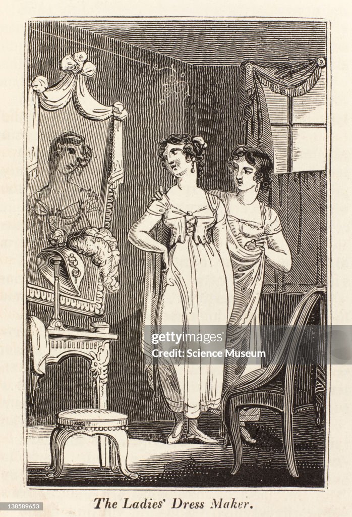 Illustration. 'The Ladies' Dress Maker' from The Book of English Trades and Library of the Useful Arts, printed for Sir Richard Phillips and Co., London, 1824.