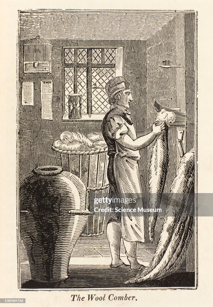 Illustration. 'The Wool Comber' from The Book of English Trades and Library of the Useful Arts, printed for Sir Richard Phillips and Co., London, 1824.
