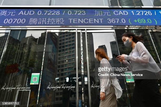 An electronic ticker displays stock figures of Tencent Holdings Limited at the Exchange Square Complex, which houses the Hong Kong Stock Exchange, on...
