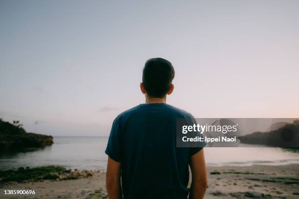 man contemplating on beach at dusk - 後ろ姿　男性 ストックフォトと画像