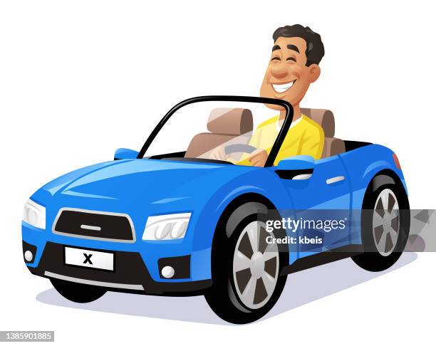 illustrazioni stock, clip art, cartoni animati e icone di tendenza di uomo che guida un'auto blu - auto convertibile