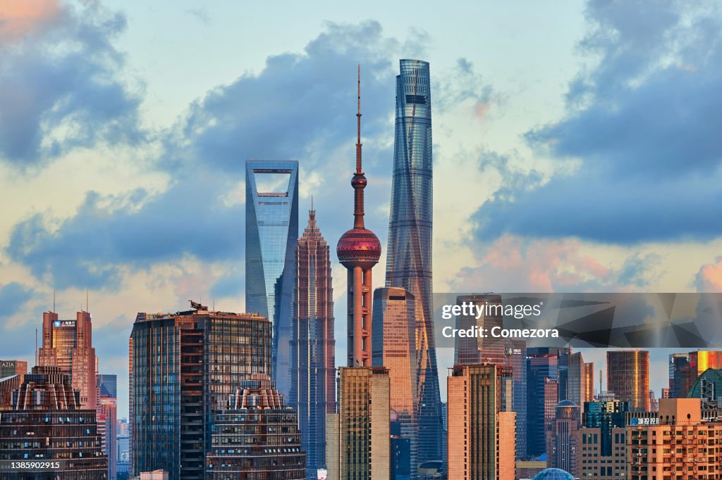 Shanghai Skyscraper at Sunset Sunlight, China