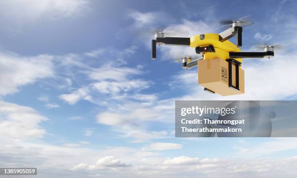 anonymous flying delivery drone delivery parcel box to customer on the sky. business technology and industrial concept. 3d illustration rendering - city stock illustrations foto e immagini stock