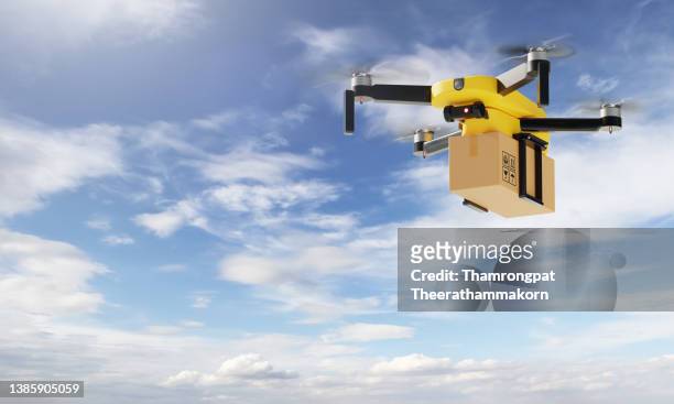 anonymous flying delivery drone delivery parcel box to customer on the sky. business technology and industrial concept. 3d illustration rendering - drone stockfoto's en -beelden
