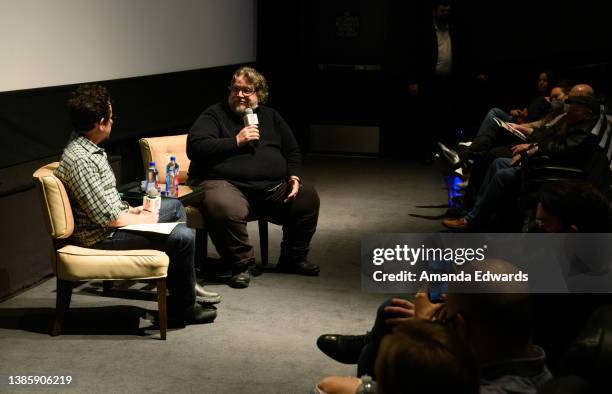 Directors J.J. Abrams and Guillermo del Toro attend the Film Independent Presents DCU at The Landmark: In Conversation With Guillermo del Toro event...