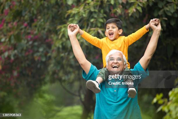 old man carrying grandson on shoulders at park - actieve ouderen stockfoto's en -beelden