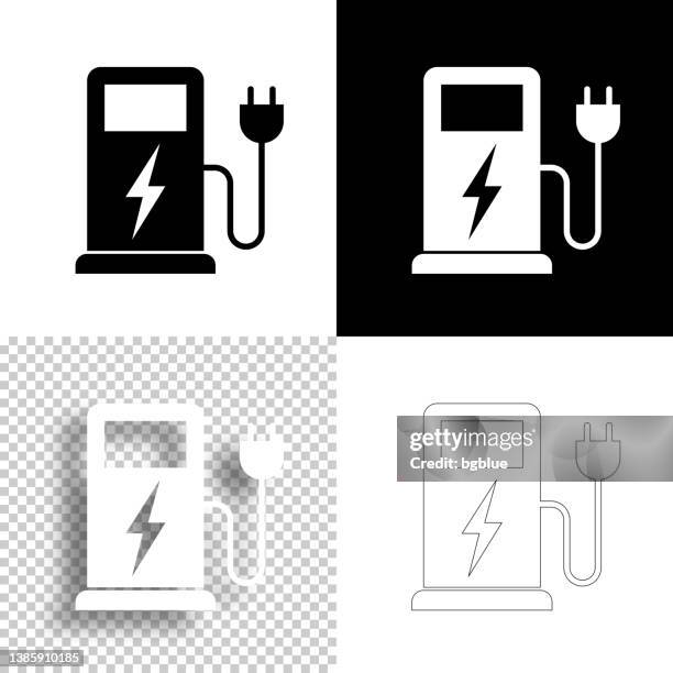 ilustraciones, imágenes clip art, dibujos animados e iconos de stock de estaciones de carga para vehículos eléctricos. icono para el diseño. fondos en blanco, blancos y negros - icono de línea - hybrid car