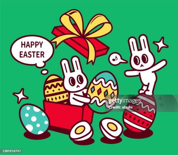happy easter bunny opening a big gift box and sending easter eggs - cute easter bunny stock illustrations