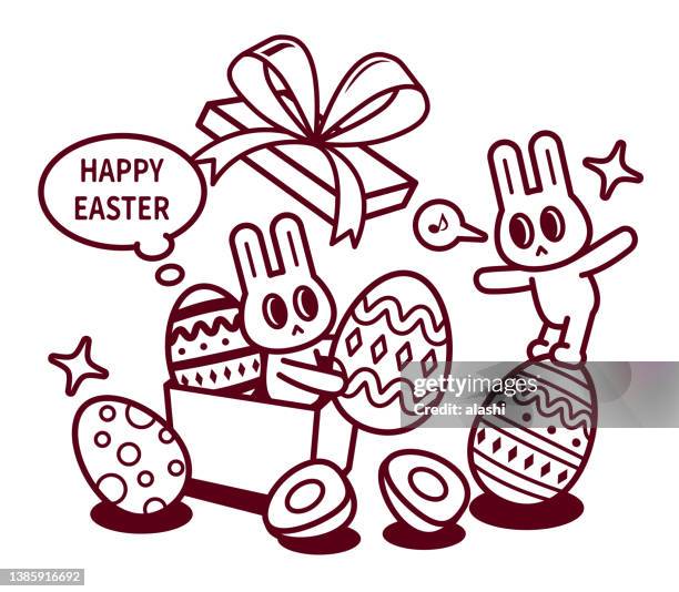 frohes osterhase, der eine große geschenkbox öffnet und ostereier verschickt - malbuch stock-grafiken, -clipart, -cartoons und -symbole