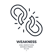 Broken chain or weakness concept editable stroke outline icon isolated on white background flat vector illustration. Pixel perfect. 64 x 64.