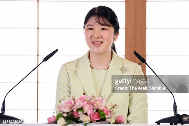 Princess Aiko attends a press conference at the Imperial Palace on March 17, 2022 in Tokyo, Japan. Aiko, only child of Emperor Naruhito and Empress...