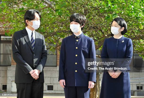 Prince Hisahito talks with his parents Crown Prince Fumihito, Crown Prince Akishino and Crown Princess Kiko of Akishino talk before attending the...