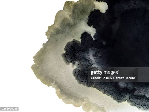 abstract background, black texture of alcohol ink wash smears on a white canvas. - black watercolor stockfoto's en -beelden