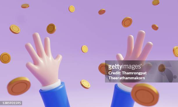 wealthy businessman is grabbing the big money he has earned. business investment successful of unicorn startup and sme economic financial concept. 3d illustration rendering - coin 個照片及圖片檔