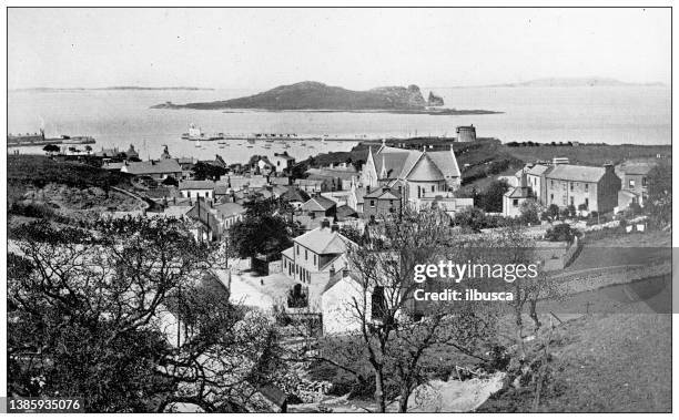 stockillustraties, clipart, cartoons en iconen met antique travel photographs of ireland: "ireland's eye" off the bay of dublin - dublin historic