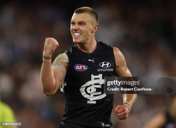 Patrick Cripps of the Blues celebrates after scoring a goal during the round one AFL match between the Richmond Tigers and the Carlton Blues at...