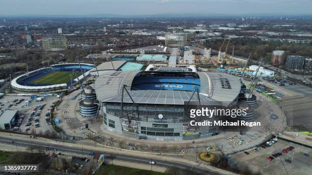 An aerial view of the Etihad Stadium on March 15, 2022 in Manchester, England.