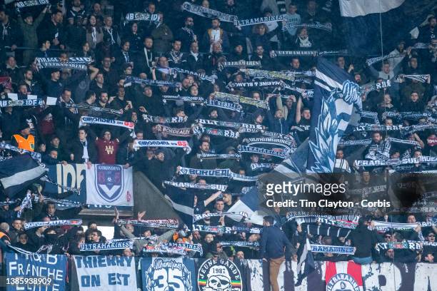 August 10: Bordeaux fans during the Paris Saint-Germain Vs Bordeaux, French Ligue 1 regular season match at Parc des Princes on March 13th 2022 in...
