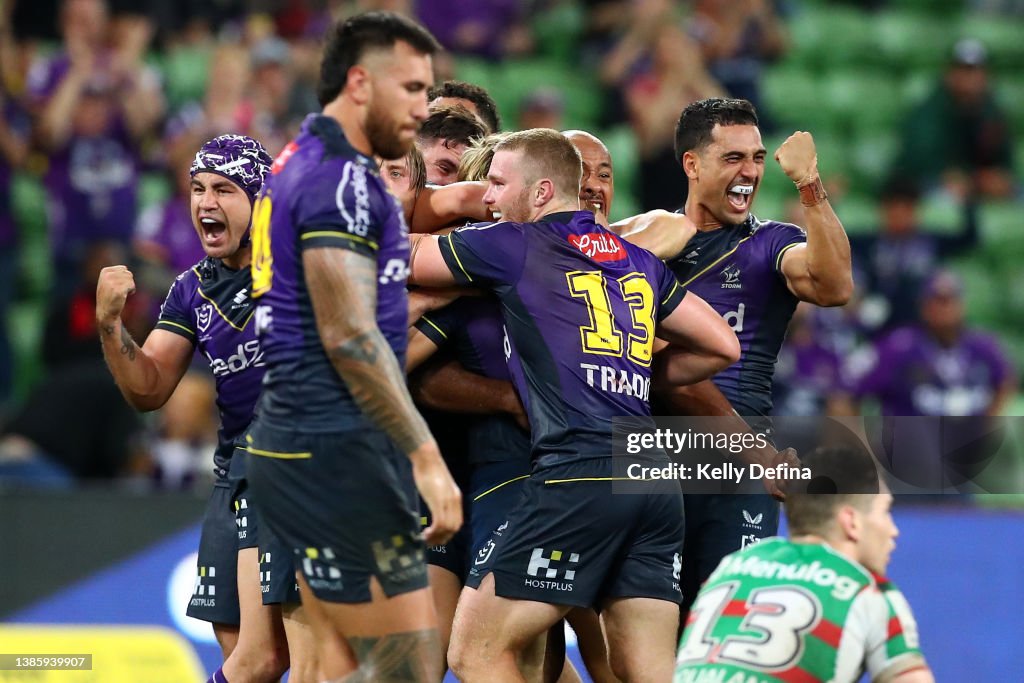 Storm celebrate winning the round two NRL match between the Melbourne ...