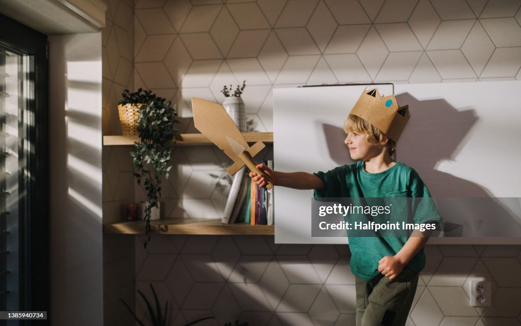Little child in king costumes playing with cardboard sword at home.