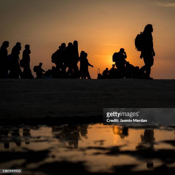 column of migrants walking to the border, immigration crisis - emigration and immigration stock pictures, royalty-free photos & images