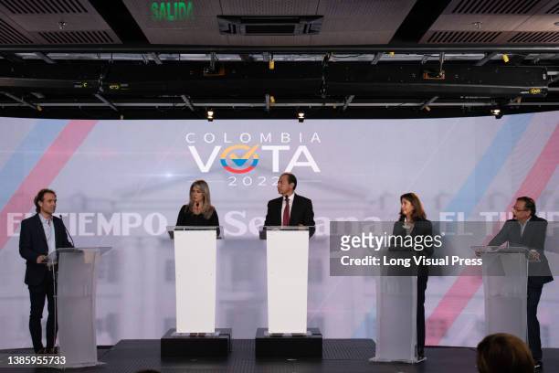 Colombian presidential candidates center-right Federico Gutierrez , centrist Ingrid Betancourt and leftist Gustavo Petro during the first debate...