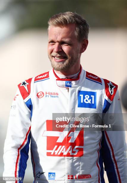 Kevin Magnussen of Denmark and Haas F1 walks in the Paddock during previews ahead of the F1 Grand Prix of Bahrain at Bahrain International Circuit on...