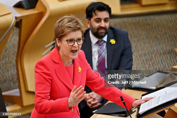 Scotland's First Minister Nicola Sturgeon attends First Minster's Questions at the Scottish Parliament on March 17, 2022 in Edinburgh, Scotland. The...