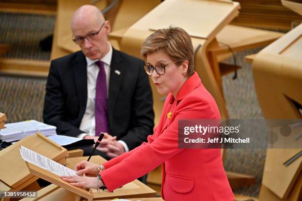 Scotland's First Minister Nicola Sturgeon attends First Minster's Questions at the Scottish Parliament on March 17, 2022 in Edinburgh, Scotland. The...