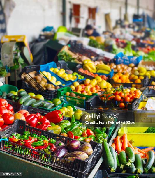 high angle view of vegetables for sale in farmers market - porto portugal food stock pictures, royalty-free photos & images