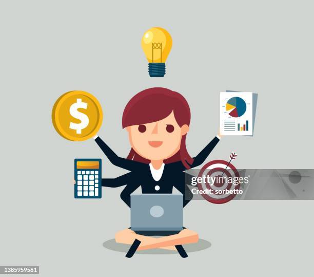 businesswoman multitasking with multiple arms - multitasking computer stock illustrations