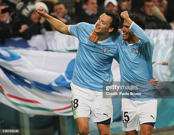 Libor Kozak with his teammate Alvaro Gonzalez of SS lazio celebrates after scoring the third goal during the Serie A match between SS Lazio and AC...