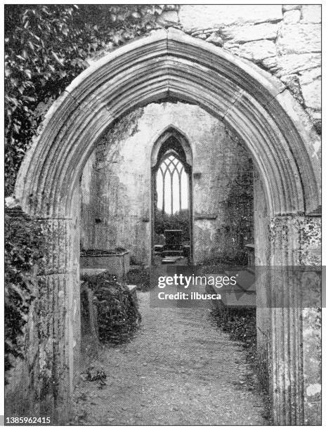 antique travel photographs of ireland: muckross abbey - ring of kerry view stock illustrations