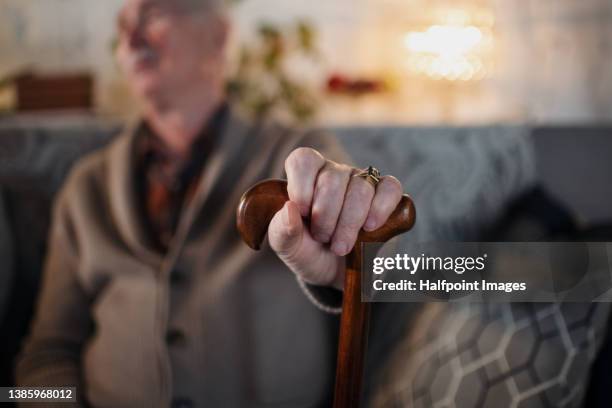close-up of senior man sitting and holding walking stick at home. - hands resting stock pictures, royalty-free photos & images