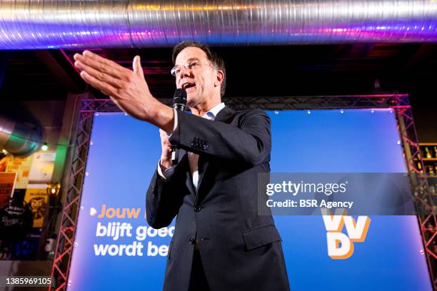 Prime minister and VVD leader Mark Rutte is seen during election night of the Dutch municipal elections in Brouwerij De Paerl on March 16, 2022 in...