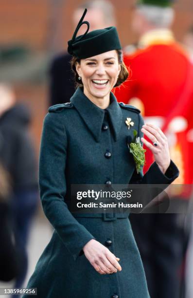 Catherine, Duchess of Cambridge attends the 1st Battalion Irish Guards' St. Patrick's Day Parade with Prince William, Duke of Cambridge at Mons...