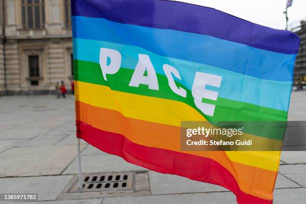 Peace flag during the "Cities Stand With Ukraine' demonstration on March 12, 2022 in Turin, Italy. Russia invaded neighboring Ukraine on 24th...